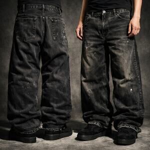 Vintage Faded Whiskered Japanese Baggy Wide-Leg Denim Black Jeans size 34